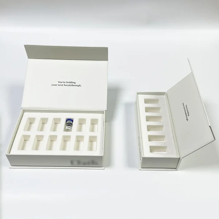 2ml peptide vials securely placed in custom EVA insert rigid box, professional biotech packaging for safe storage and presentation